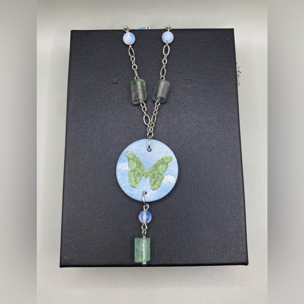 🦋💚Opalite Fluorite Sky Luna Moth Necklace